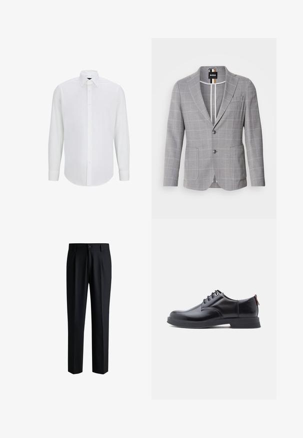 Grå ternet blazer lavet af stof med en subtil struktur. Har en spids krave, to-knaps lukning og forlommer.; Hvid langærmet skjorte lavet af glat stof med standard krave, frontlukning med knapper og afrundet kant. Ingen synlige mønstre eller accenter.; Sorte bukser lavet af glat stof, med lige ben-design, plisseringer foran og knaplukning med bæltestropper.; Sorte snørestøvler i læder med glat tekstur, rundet tå og diskrete syningsdetaljer. Har en rød trækflig på hælen.