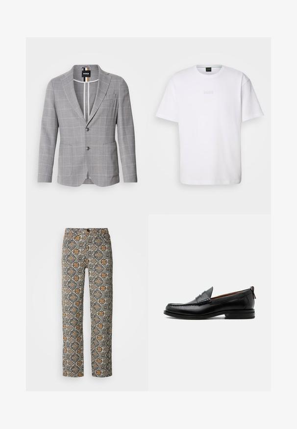 Grijze geblokte blazer van stof met een subtiele textuur. Beschikt over een geknipte revers, een sluiting met twee knopen en voorzakken.; Witte katoenen T-shirt met korte mouwen, ronde halslijn en reliëf 'BOSS' logo op de borst. Veilig textuur, standaard pasvorm.; Bloemmotief broeken in beige, zwart en oranje. Gemaakt van lichtgewicht stof, met een rechte snit en een knoopsluiting.; Zwarte leren herensloffen met moc toe stiksel, pennyriem, gestructureerde kraag en lage gestapelde hak op witte achtergrond.
