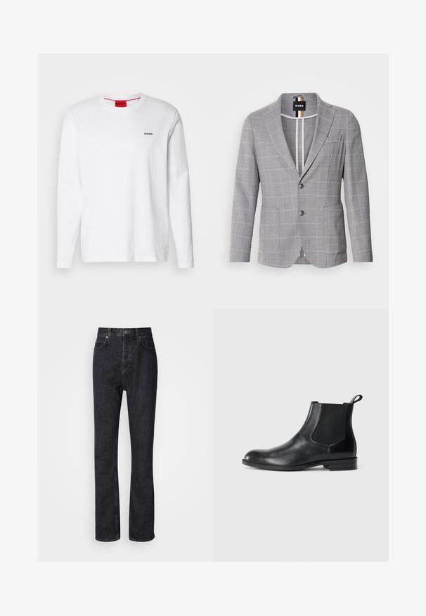Blazer gris a cuadros hecho de una tela con una sutil textura. Presenta un cuello de muesca, cierre de dos botones y bolsillos frontales.; Camisa blanca de manga larga hecha de algodón, con un cuello redondo, logo negro "HUGO" en el lado izquierdo del pecho y una textura suave.; Jeans de mezclilla negros de cintura alta con cierre de botón y cremallera, bolsillos frontales y traseros, y corte recto.; Botín negro de cuero hasta el tobillo con paneles elásticos a los lados, punta redondeada y lengüeta. Textura suave, suela plana, diseño minimalista.