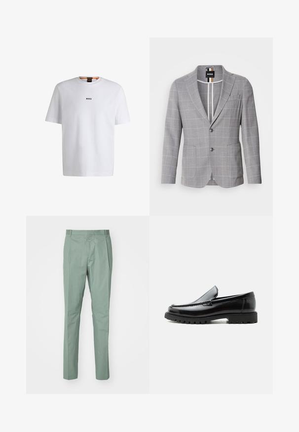 Blazer gris a cuadros hecho de una tela con una sutil textura. Presenta un cuello de muesca, cierre de dos botones y bolsillos frontales.; Camiseta de algodón blanca de manga corta, con un logotipo negro "BOSS" centrado en el pecho y un diseño de cuello redondo.; Pantalones verde claro con corte recto, con una parte delantera plana, dos bolsillos laterales y una textura de tela suave. Sin patrones visibles ni herrajes.; Mocasín de cuero negro con suela de goma gruesa, empeine cosido y nombre de la marca en relieve en el talón, mostrado en perfil lateral sobre fondo blanco.
