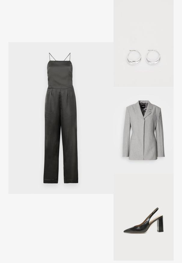 Veste en laine grise avec épaules structurées, fermeture à un bouton et deux poches avant. Comprend un col cranté et un logo de marque discret.; Bodysuit en satin noir avec de fines bretelles spaghetti, un corsage ajusté, une taille plissée et un pantalon à jambes larges. Texture lisse et design minimaliste.; Chaussure slingback en cuir noir à bout pointu avec un talon bloc haut et une doublure intérieure beige sur un fond clair uni.; Boucles d'oreilles en argent avec une finition polie et un branding DKNY, présentées sur un fond blanc uni.