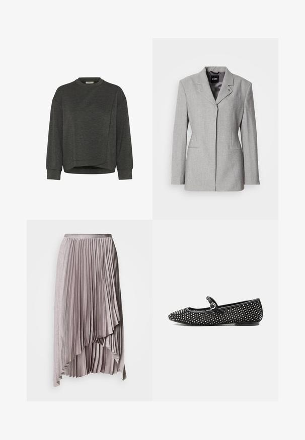 Grijze wollen blazer met gestructureerde schouders, een kraag met een knoopsluiting en twee steekzakken aan de voorkant. Voorzien van een reverskraag en een subtiel merklogo.; Donkergrijze sweatshirt met een ronde hals, lange mouwen, een asymmetrisch ontwerp en een zachte textuur. Heeft een ontspannen pasvorm en minimale stikdetails.; Licht mauve asymmetrische geplooide rok met satijnen tailleband en gelaagde, watervalachtige zoomdetails tegen een effen achtergrond.; Zwart vlak Mary Jane-schoen met zilveren studs, ronde gespsluiting en puntige neus op een witte achtergrond.