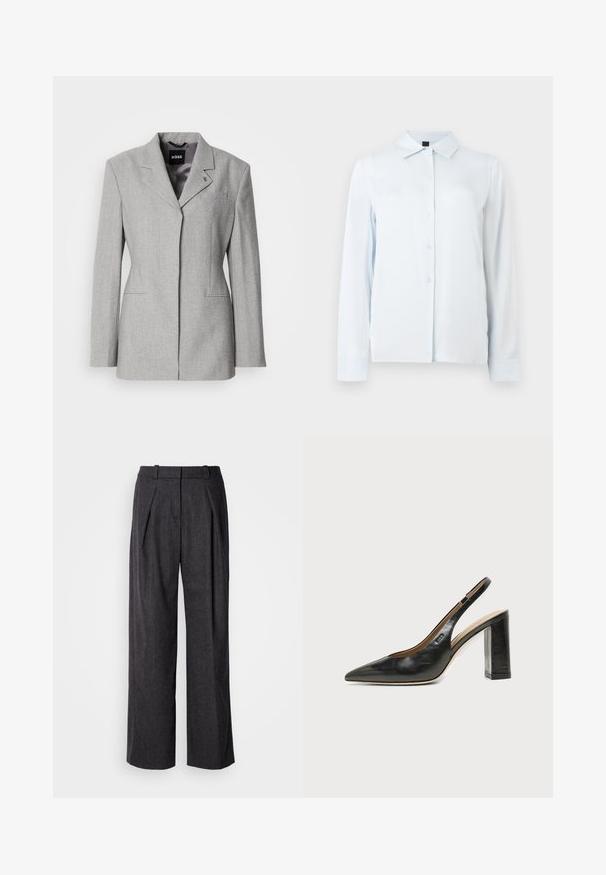 Grijze wollen blazer met gestructureerde schouders, een kraag met een knoopsluiting en twee steekzakken aan de voorkant. Voorzien van een reverskraag en een subtiel merklogo.; Wit overhemd met lange mouwen, knoopsluiting, puntige kraag en manchetten, getoond op een effen lichte achtergrond.; Donkergrijze wijde broek met een gestructureerde stof, voorzien van voorplooien en een klassiek taillebandontwerp. Geen zichtbare zakken.; Zwarte leren slingback schoen met spits toelopend neusje, hoge blokhak en beige binnenvoering tegen een effen lichte achtergrond.