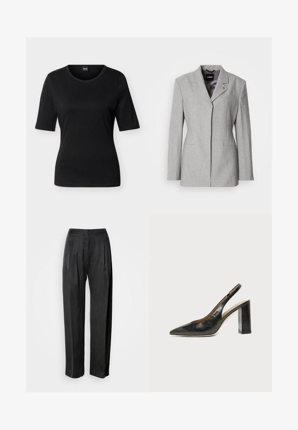 Veste en laine grise avec épaules structurées, fermeture à un bouton et deux poches avant. Comprend un col cranté et un logo de marque discret.; T-shirt noir ajusté à manches courtes avec col rond et étiquette de marque à l'intérieur du col arrière.; Pantalon noir à jambes larges en tissu lisse, avec plis sur le devant, braguette zippée et ceinture classique.; Chaussure slingback en cuir noir à bout pointu avec un talon bloc haut et une doublure intérieure beige sur un fond clair uni.