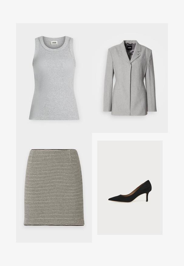 Veste en laine grise avec épaules structurées, fermeture à un bouton et deux poches avant. Comprend un col cranté et un logo de marque discret.; Débardeur côtelé gris clair sans manches avec un col rond et une étiquette DRYKORN à l'intérieur du col.; Mini-jupe droite à motif pied-de-poule noir et blanc, taille haute, sans ornements ni poches visibles.; Escarpin en daim noir à bout pointu, talon aiguille de hauteur moyenne et semelle intérieure beige sur fond clair.