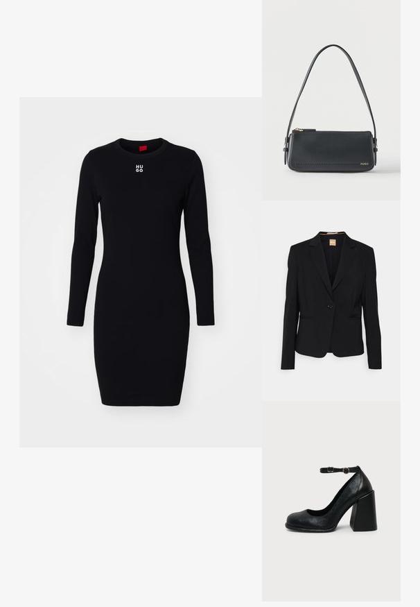 Čierny blazer z hladkého materiálu, s jedným gombíkom na zapínanie, klopovými goliermi a dvoma prednými vreckami. Strih na mieru s dlhými rukávmi.; Čierne dlhé rukávy šaty z mäkkého, elastického materiálu. Majú okrúhly výstrih a biele logo "HUGO" na hrudi. Priliehavý strih.; Čierna kožená vysoká lodička s zaoblenou špičkou a nastaviteľným členkovým remienkom so zlatou prackou na jednoduchom svetlom pozadí.; Čierna obdĺžniková kožená kabelka na rameno so zlatým zipsom a malým zlatým logom „HUGO“ na prednej strane, vybavená nastaviteľným remienkom so sponou.