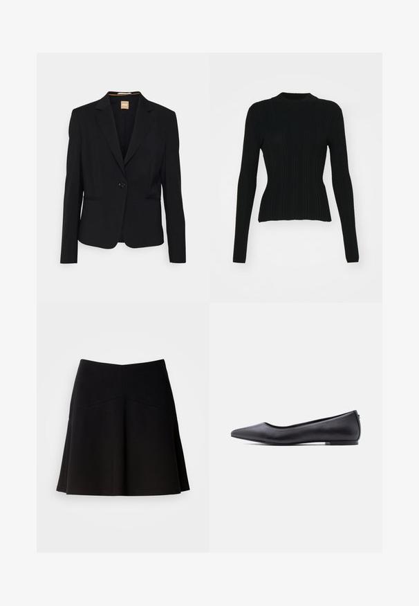 Sort blazer lavet af glat stof, med en enkelt knaplukning, notch-lapel krave og to frontlommer. Skræddersyet pasform med lange ærmer.; Sort ribbet langærmet sweater med høj hals og tætsiddende silhuet. Materialet ser strækbart ud med lodrette linjer. Kortere snit ved kanten.; Sort flagrende nederdel lavet af blødt stof, med en tætsiddende talje og sømdetaljer. Glat tekstur med et enkelt, klassisk design.; Sort flad lædersko med spidst tåparti og lav hæl, vist i sideprofil mod en hvid baggrund.
