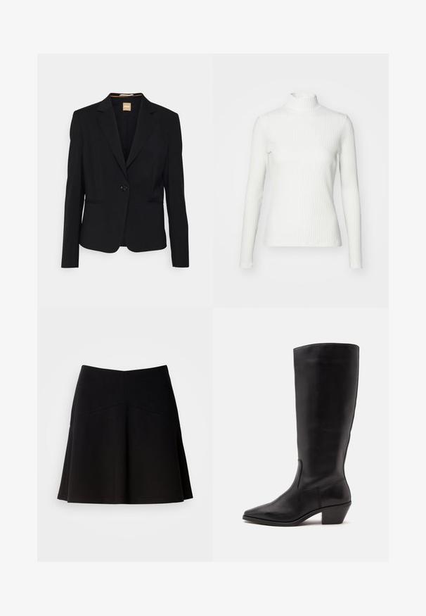 Blazer noir en tissu lisse, avec une fermeture à un bouton, des revers à cran et deux poches avant. Coupe ajustée avec des manches longues.; Haut col roulé blanc à côtes avec des manches longues, fabriqué en tissu extensible. Présente un design ajusté et un encolure haute pour plus de couverture.; Jupe noire évasée en tissu doux, avec une taille ajustée et des coutures décoratives. Texture lisse avec un design simple et classique.; Botte en cuir noire mi-mollet avec un bout pointu et un talon bas incliné sur un fond clair uni.