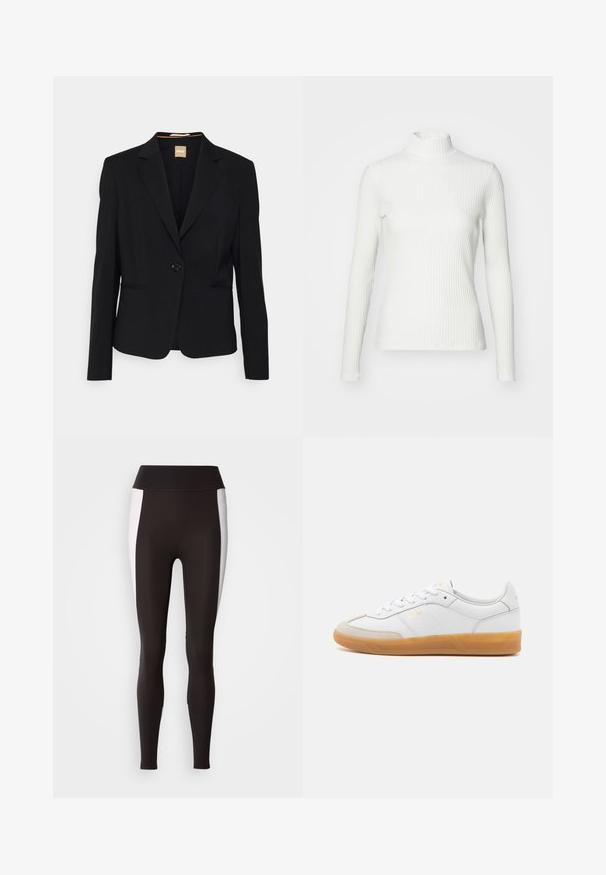 Sort blazer lavet af glat stof, med en enkelt knaplukning, notch-lapel krave og to frontlommer. Skræddersyet pasform med lange ærmer.; Hvid ribbet turtleneck blouse med lange ærmer, lavet af elastisk stof. Har et tætsiddende design og høj hals for god dækning.; Sorte leggings med bred talje, med hvide sideløsninger. Lavet af strækbart stof med en glat tekstur og en tætsiddende pasform.; Hvide lædersneakers med beige ruskindsdetaljer, gummisål og snøredesign. Har diskret branding i guld.
