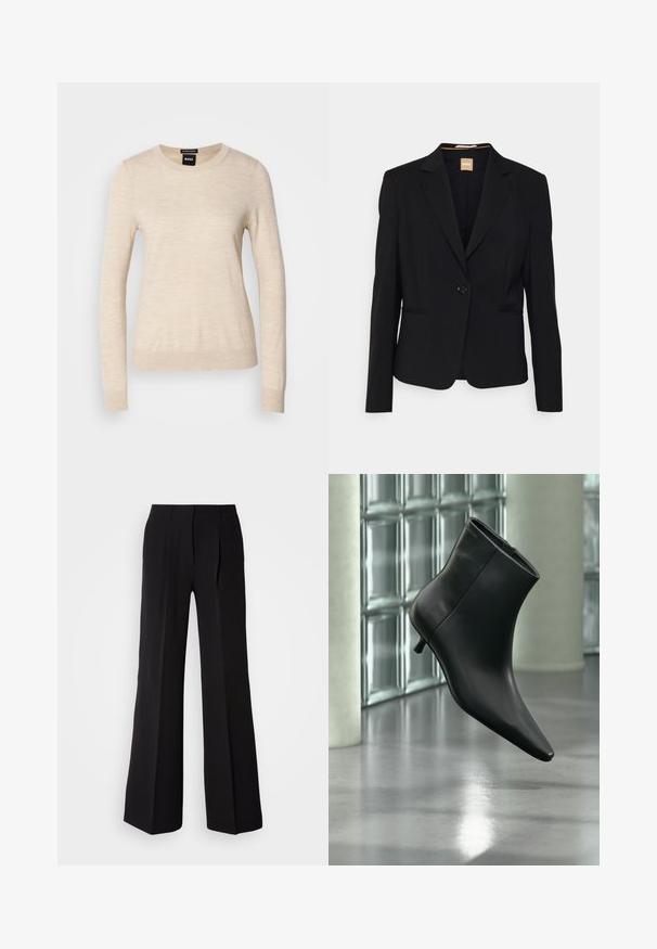 Sort blazer lavet af glat stof, med en enkelt knaplukning, notch-lapel krave og to frontlommer. Skræddersyet pasform med lange ærmer.; BOSS FERPINA - Striktrøje - light beige; Sorte bukser lavet af glat stof, med høj talje, bred ben silhuet og to frontfolder for ekstra design detaljer.; Sort læderankelstøvle med spids tå og lav kitten-hæ, vist vinklet mod en poleret gulv- og glasblokvæg.