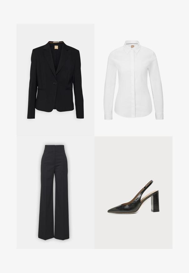 Blazer noir en tissu lisse, avec une fermeture à un bouton, des revers à cran et deux poches avant. Coupe ajustée avec des manches longues.; Chemise blanche à manches longues, en coton crisp, avec un col classique, une patte de boutonnage à l'avant et une coupe ajustée. Texture lisse, sans motifs.; Pantalons à jambes larges en tissu noir avec une taille haute, présentant une finition soignée et une texture lisse. Pas de matériel ou de motifs visibles.; Chaussure slingback en cuir noir à bout pointu avec un talon bloc haut et une doublure intérieure beige sur un fond clair uni.
