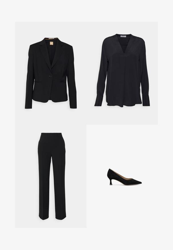 Blazer negro de tela suave, con cierre de un solo botón, solapas con muesca y dos bolsillos frontales. Corte ajustado con mangas largas.; Blusa negra de manga larga hecha de tela suave. Presenta un escote en V y un corte relajado con un sutil pliegue en la parte delantera. Mangas con puños.; Pantalones negros de pierna recta con una textura suave. Presentan una cintura y sin patrones ni acentos visibles. Diseño clásico y ajustado.; Zapato de tacón de ante negro con puntera afilada, tacón cuadrado bajo y forro interior suave. Diseño simple sin patrones ni acentos visibles.