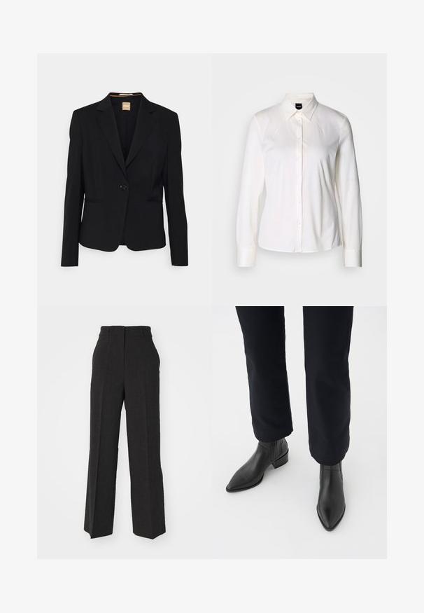 Čierny blazer z hladkého materiálu, s jedným gombíkom na zapínanie, klopovými goliermi a dvoma prednými vreckami. Strih na mieru s dlhými rukávmi.; Biela košeľa s dlhým rukávom a klasickým golierom, vyrobená z mäkkej bavlny, s úzkym strihom a jednoduchým dizajnom bez vzorov.; Tmavošedé nohavice v prispôsobenom, širokom strihu. Majú štruktúrovanú tkaninu, pútka na opasok a stredne vysoký pás. Čistý, rovný lem.; Čierne kožené členkové čižmy s špicatou špičkou, blokovým podpätkom a textúrovanými bočnými panelmi, nosené s tmavými nohavicami na bielom pozadí.