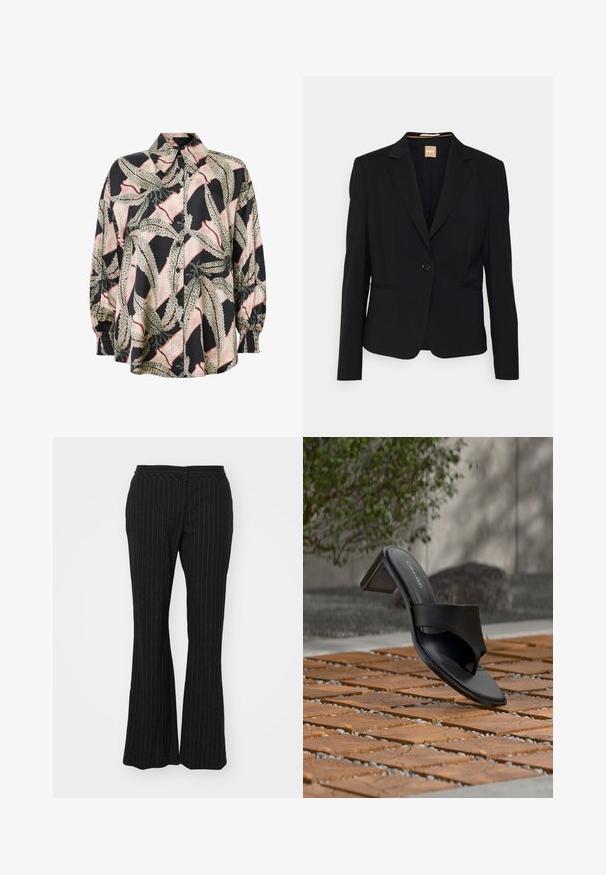 Čierny blazer z hladkého materiálu, s jedným gombíkom na zapínanie, klopovými goliermi a dvoma prednými vreckami. Strih na mieru s dlhými rukávmi.; Košela s gombíkmi zo zmesi hodvábu, s čiernym základom a abstraktným listovým vzorom v zelenej a ružovej farbe. Rukávy v pufovom štýle s elastickými manžetami.; Čierne rozšírené nohavice s pruhmi, s hladkou textúrou a stredným pásom, navrhnuté s prispôsobeným strihom a jemným leskom.; Čierna sandála Calvin Klein na podpätku s prstovou slučkou na drevenej dlažbe vonku pri strome a kamennom múre.