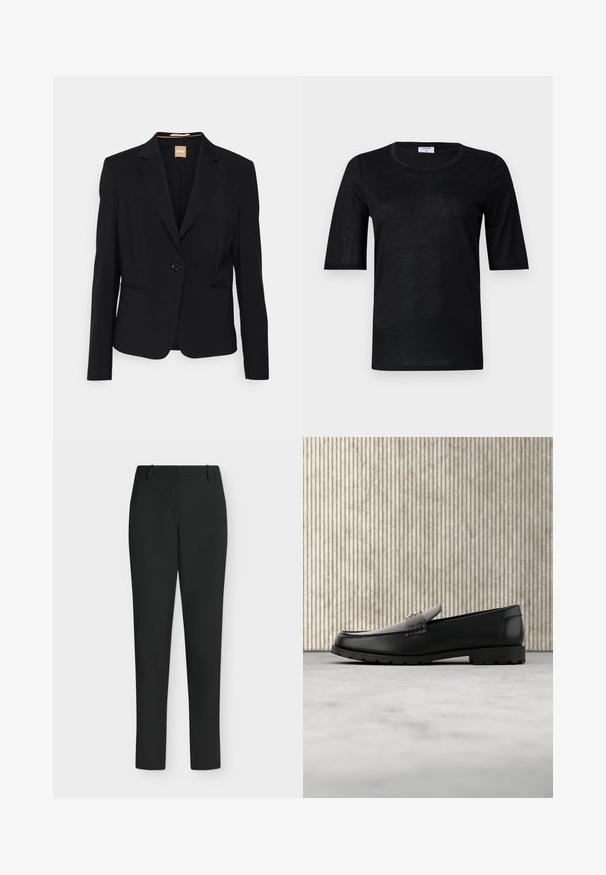 Schwarzer Blazer aus glattem Stoff, mit einem Ein-Knopf-Verschluss, Reverskragen und zwei vorderen Taschen. Taillierte Passform mit langen Ärmeln.; Schwarzes kurzärmliges T-Shirt aus leichtem Stoff mit Rundhalsausschnitt, das eine glatte Textur und einen entspannten Schnitt aufweist.; Schwarze Slim-Fit-Hose mit Gürtelschlaufen, Frontreißverschluss und geraden Beinen, vor weißem Hintergrund präsentiert.; Schwarze Lederloafers mit einer hervorgehobenen Naht, goldenem Akzentlogo und strukturiertem Riemen. Mit einer dicken, strapazierfähigen Gummisohle.
