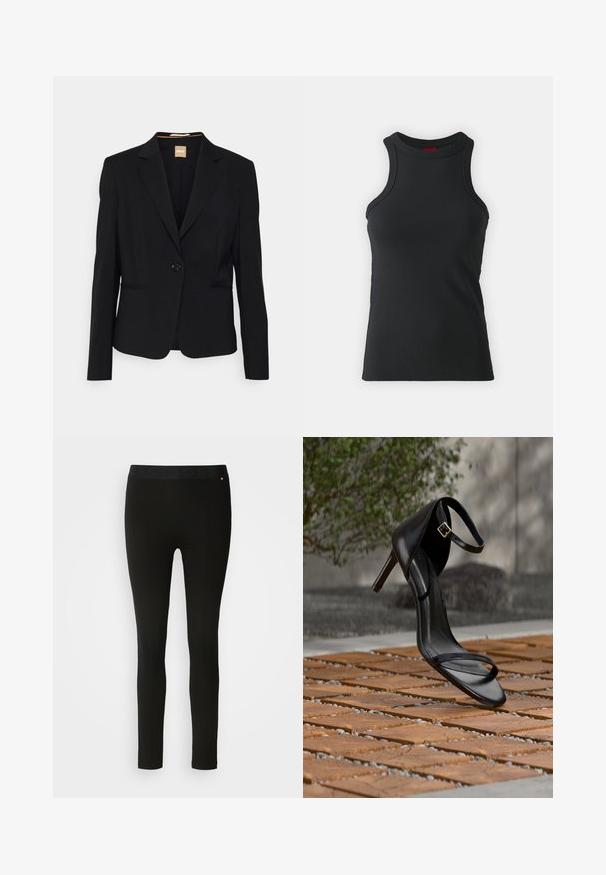 Schwarzer Blazer aus glattem Stoff, mit einem Ein-Knopf-Verschluss, Reverskragen und zwei vorderen Taschen. Taillierte Passform mit langen Ärmeln.; Schwarzes ärmelloses Top aus dehnbarem Material. Mit Rundhalsausschnitt und taillierter Silhouette sowie minimalistischen Nähdetails.; Schwarze Leggings mit glatter Textur, ausgestattet mit einem flexiblen Bund und dezenten Nahtdetails. Keine Muster oder Hardware vorhanden.; Schwarze Sandalette mit hohem Absatz und Knöchelriemen schwebt über einem Holzboden im Freien vor verschwommenem Grün und Steinhintergrund.