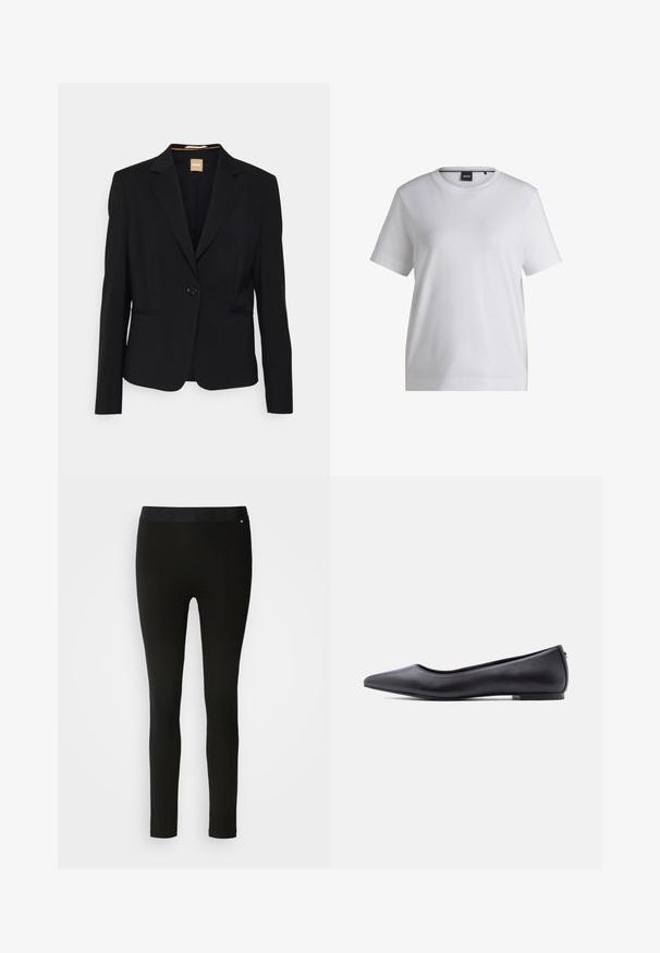 Blazer noir en tissu lisse, avec une fermeture à un bouton, des revers à cran et deux poches avant. Coupe ajustée avec des manches longues.; T-shirt en coton blanc avec un col rond, des manches courtes et une coupe décontractée. Il présente une petite étiquette de marque près du col.; Leggings noirs avec une texture lisse, présentant une taille flexible et des détails de couture subtils. Aucun motif ni élément métallique présent.; Chaussure plate en cuir noire à bout pointu avec petit talon, vue de profil sur fond blanc.