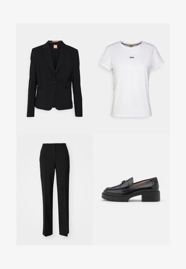 Schwarzer Blazer aus glattem Stoff, mit einem Ein-Knopf-Verschluss, Reverskragen und zwei vorderen Taschen. Taillierte Passform mit langen Ärmeln.; Weißes Baumwoll-T-Shirt mit kurzen Ärmeln, Rundhalsausschnitt und kleinem schwarzen "BOSS"-Logo auf der Brust, mit einer glatten Textur.; Schwarze, taillierte Hose mit geradem Bein, aus einem glatten Stoff und mit klaren Falten an der Vorderseite. Keine sichtbare Hardware.; Schwarze Lederloafer mit niedrigem Blockabsatz, runder Zehenform, dekorativem Riemen und strukturiertem Steppdetail im Obermaterial. Glatte Oberfläche.