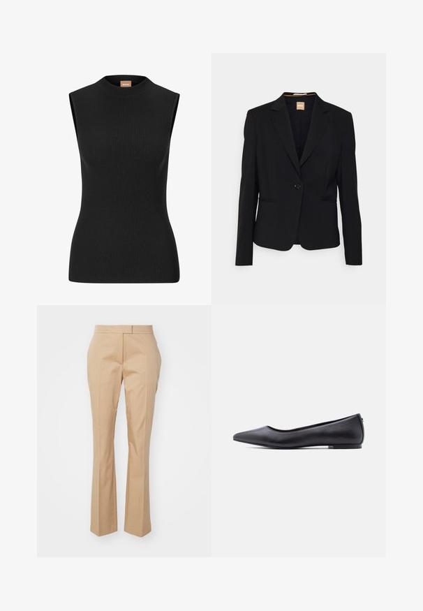 Čierny blazer z hladkého materiálu, s jedným gombíkom na zapínanie, klopovými goliermi a dvoma prednými vreckami. Strih na mieru s dlhými rukávmi.; Svetlový čierny rebrovaný top bez rukávov s vysokým výstrihom a priliehavým strihom, vyrobený z elastického materiálu. Obsahuje minimálne značkovanie na krku.; Bežové nohavice s rovnými nohavicami, vyrobené z hladkej látky, s plochým predným dielom a bez viditeľných vreciek.; Čierna kožená balerína s špičatou špičkou a nízkym podpätkom, zobrazená z profilu na bielom pozadí.