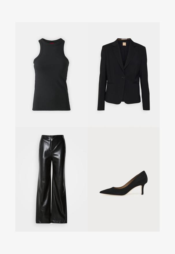 Blazer noir en tissu lisse, avec une fermeture à un bouton, des revers à cran et deux poches avant. Coupe ajustée avec des manches longues.; Débardeur sans manches noir en tissu extensible. Présente un col rond et une silhouette ajustée avec des détails de couture minimaux.; Pantalons larges en cuir noir avec une texture lisse, taille haute et fermeture éclair frontale dissimulée. Coupe ajustée avec une finition soignée.; Escarpin en daim noir à bout pointu avec un talon stiletto fin de hauteur moyenne et un design à coupe basse sur un fond uni.