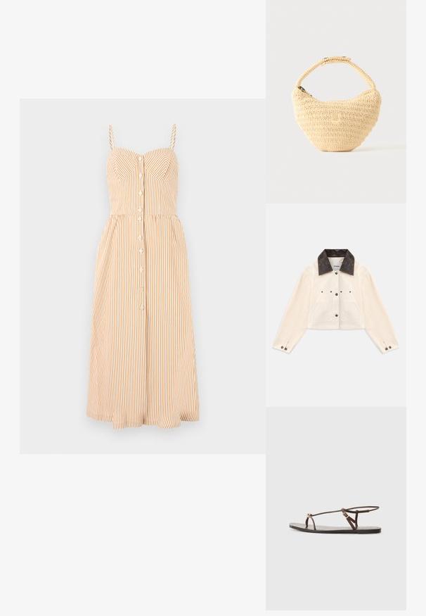 Veste courte beige avec un col en cuir marron foncé, fermeture à boutons sur le devant, deux poches poitrine et poignets boutonnés.; Robe à bretelles en orange clair et blanc avec des rayures verticales, présentant un corsage ajusté, une fermeture à boutons et une jupe midi évasée.; Sandale en cuir marron avec des fines lanières, un accent circulaire doré et une semelle plate. Design minimaliste avec un détail de boucle réglable.; Sac à main beige tissé avec corps arrondi, fermeture éclair et une sangle courte et épaisse dans un style crochet simple et texturé.