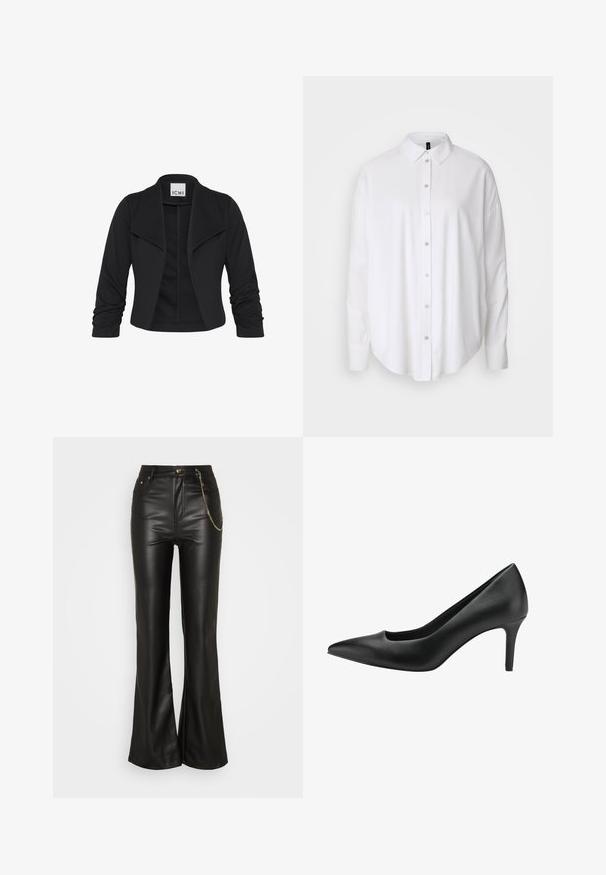 Sort cropped åben-front blazer med brede revers og rynkede lange ærmer, mærket "ICHI" indeni kraven.; Hvid langærmet skjorte med knaplukning og klassisk krave, blødt stof og rundet kant. Har synlig knapstolpe og detaljer ved ærmerne.; ONLY ONLCAMILLE IDINA WIDE - Bukser - black; Sort læder højhælet sko med spidse tå, der har et udskæringsdesign og en slank stiletto hæl. Glat tekstur og strømlinet silhuet.