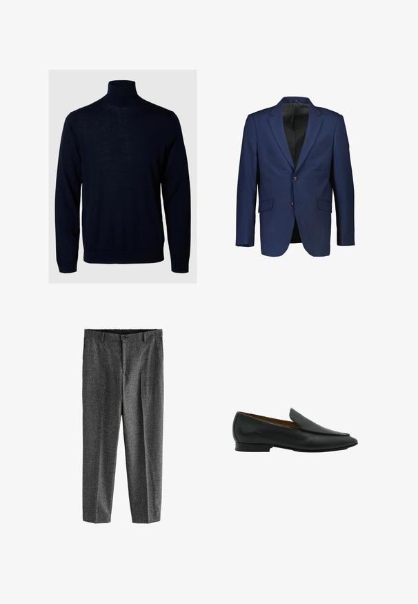 Marineblazer aus einem glatten Stoff, mit einem einreihigen Design, zwei Knöpfen, Reverskragen und seitlichen Taschen.; Marineblauer Rollkragensweater, lange Ärmel, gerippte Bündchen und Saum, aus weichem Stoff mit glatter Textur und minimalistischem Design.; Grau-melierte, strukturierten Hosen mit einem subtilen Karomuster, ausgestattet mit einem Knopfverschluss und einem elastischen Bund, im taillierten Bein Design.; Schwarzer Leder-Slipper mit niedrigem Absatz und leicht spitz zulaufender Schuhspitze, von der Seite vor weißem Hintergrund gezeigt.