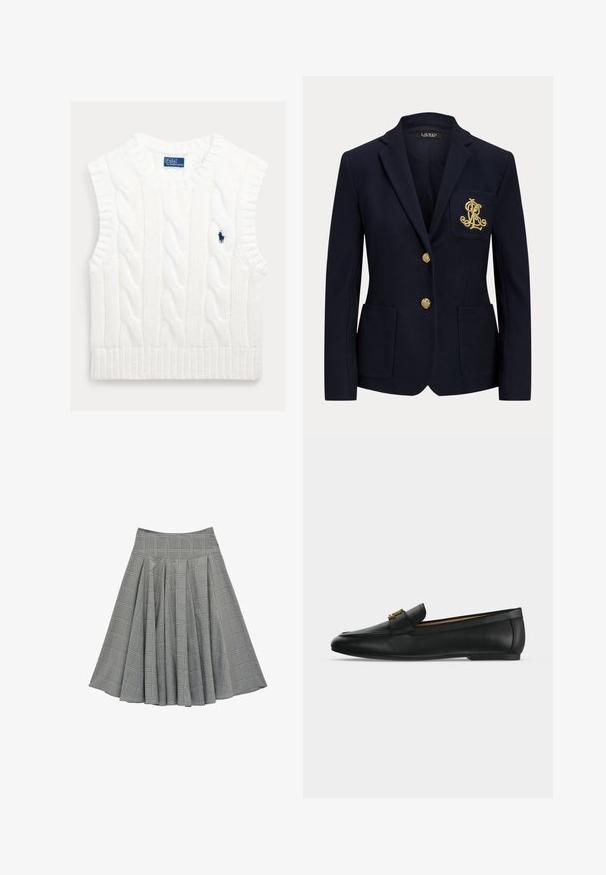 Marineblazer mit goldenen Knöpfen, zwei Fronttaschen und einem goldbestickten Logo auf der linken Brusttasche.; Weißer ärmelloser Kabelstrickpullover mit geripptem Saum. Verfügt über ein kleines, gesticktes blaues Logo auf der Brust. Strukturierter, weicher Stoff.; Grauer plissierter Rock mit weißem Karomuster und hoher Taille, auf schlichtem weißem Hintergrund dargestellt.; Schwarzer Lederloafer mit goldenem Metallschnallendetail oben, flacher Sohle und genähtem Design entlang des oberen Randes.