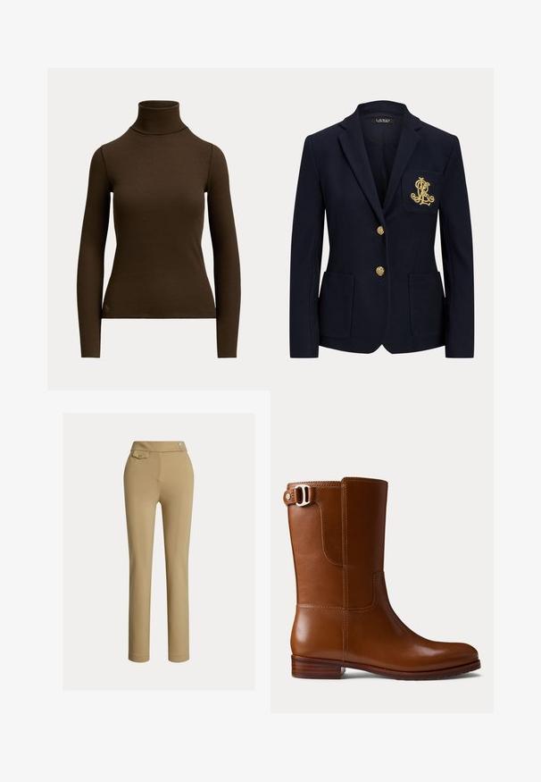 Navyblauwe blazer met gouden knopen, twee steekzakken aan de voorkant en een goud geborduurd logo op de linkerborstzak.; Donkerbruine, geribde, coltrui met lange mouwen, getailleerd silhouet en klein logo vlak bij de onderste zoom aan de voorkant links.; Beige op maat gemaakte broek met een zachte textuur, hoge taille, twee decoratieve knopen en een enkele achterzak. Recht gesneden ontwerp.; Bruine leren enkellaars met een gladde afwerking, afgeronde neus en decoratieve zijgesp. Voorzien van een lage houten hak en minimale stikdetails.