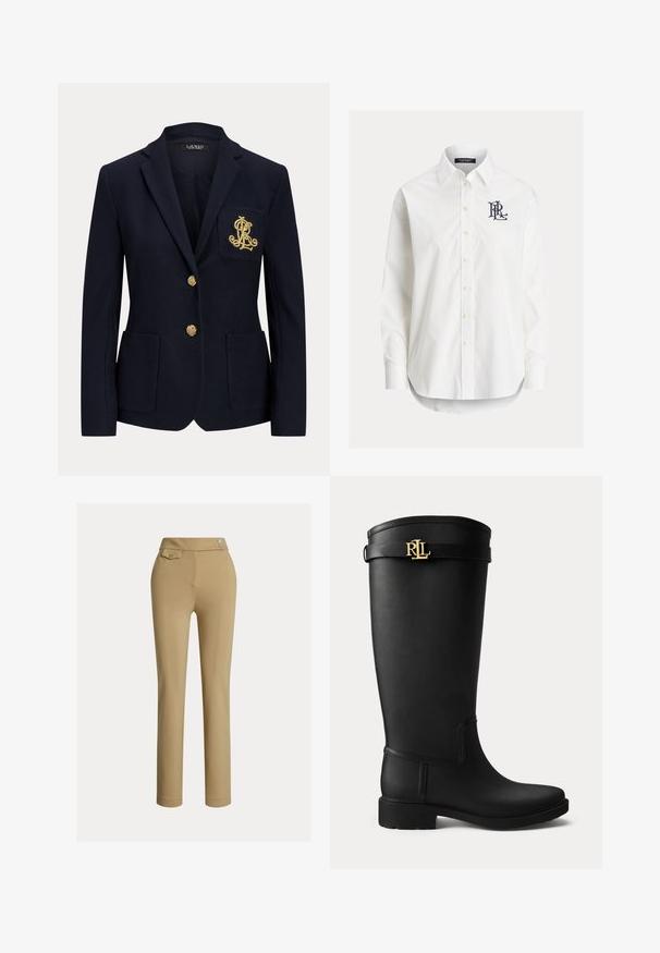 Navyblauwe blazer met gouden knopen, twee steekzakken aan de voorkant en een goud geborduurd logo op de linkerborstzak.; Wit overhemd met lange mouwen, knopen, een puntige kraag en een zwart geborduurd logo op de linkerborst.; Beige slim-fit vrouwenbroek met hoge taille, twee knopen aan de zijkant en een klein knoopsluiting flapzakje nabij de tailleband.; Zwarte regenlaars tot net onder de knie met een lage hak en een gouden RLL-logo gesp dicht bij de bovenkant op een effen lichte achtergrond.