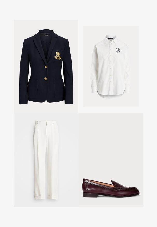 Marineblå blazer med gyldne knapper, to forlommer og et guldbroderet logo på venstre brystlomme.; Hvid langærmet skjorte med knapper og spidser krave samt sort broderet logo på venstre bryst.; Hvide skræddertrousers med to frontplisseringer, lige snit og opfoldede kanter. Fremstillet af glat stof og har et klassisk design.; Bordeaux lær loafers med en glat finish, rund tå, dekorativ syning og en lav hæl. Indersiden har en blød beige foring.