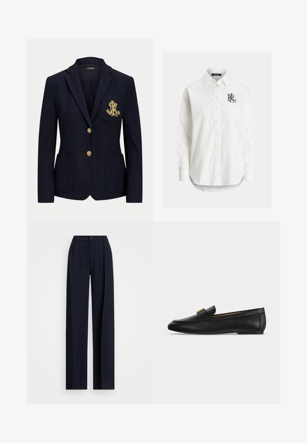 Blazer azul marino con botones dorados, dos bolsillos delanteros y un logo bordado en oro en el bolsillo izquierdo del pecho.; Camisa blanca de manga larga con botones, cuello puntiagudo y logo bordado en negro en el pecho izquierdo.; Pantalones de pierna ancha en color marino con pliegues, cierre de botón y una textura de tela suave. Diseñados para un ajuste suelto y cómodo.; Zapato mocasín de cuero negro con detalle de hebilla metálica dorada en la parte superior, suela plana y diseño con costuras a lo largo del borde superior.