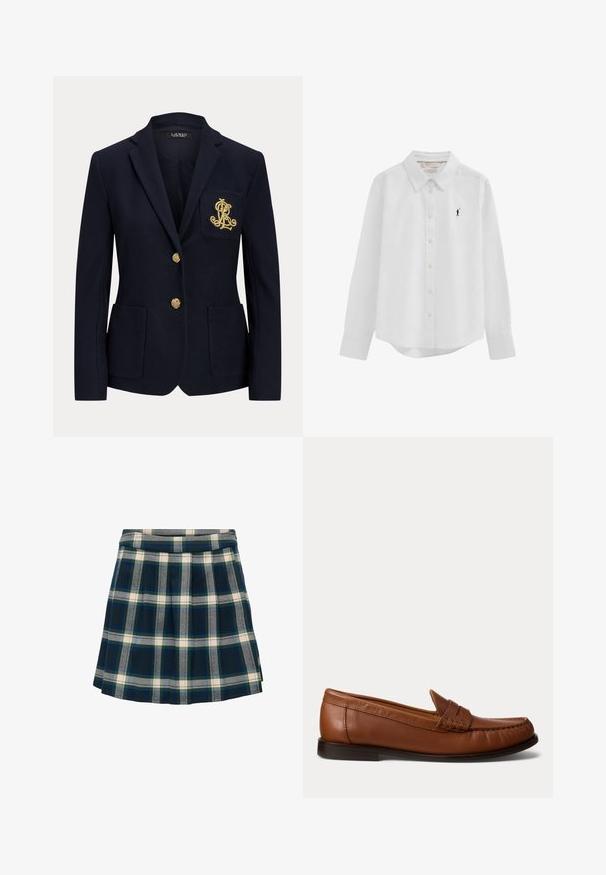 Marineblazer mit goldenen Knöpfen, zwei Fronttaschen und einem goldbestickten Logo auf der linken Brusttasche.; Weißes, langärmliges Hemd mit Knopfleiste, Kragen und kleinem, schwarzem, gesticktem Polo-Spieler-Logo auf der linken Brust.; Karierte Rock in Marineblau, Grün und Creme; gefältelt mit einem glatten Bund, aus einem Stoff, der weich und strukturiert wirkt.; Brauner Lederloafer mit niedrigem schwarzem Absatz, Moc-Toe-Naht und einem dekorativen Riemen oben, vor weißem Hintergrund gezeigt.