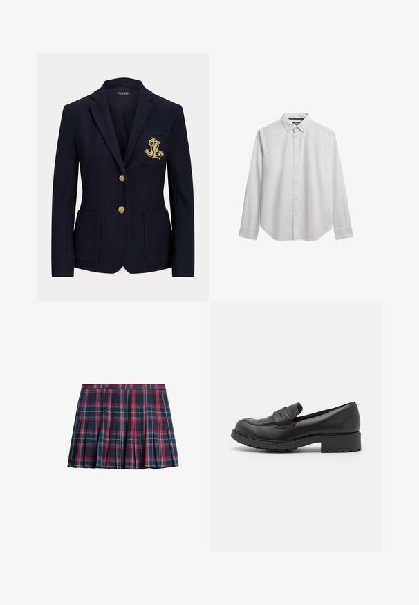 Marineblå blazer med gyldne knapper, to forlommer og et guldbroderet logo på venstre brystlomme.; Langærmet hvid skjorte med knapper og button-down krave, vist på en hvid baggrund.; Marineblå plisseret nederdel med mønster i rød, hvid og grønblå tern, med en tætsiddende talje.; Sorte læder loafers med rund tå, to dekorative remme over vristen og en tyk gummisål med skridsikre mønstre.