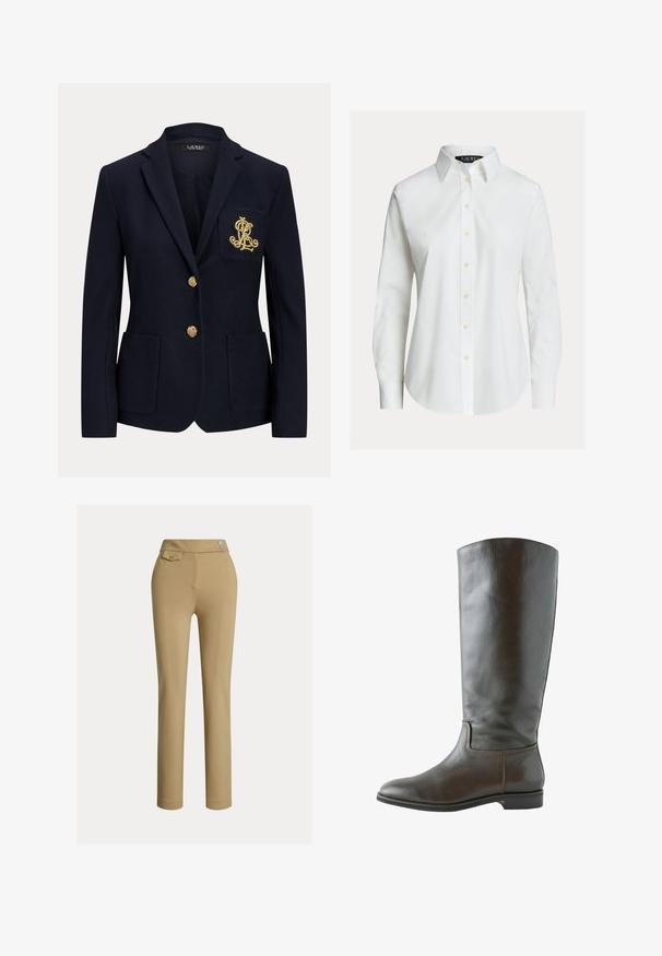 Blazer bleu marine avec boutons dorés, deux poches avant et un logo brodé en or sur la poche poitrine gauche.; Chemise blanche à manches longues avec col pointu, boutons sur le devant et ourlet légèrement incurvé.; Pantalons slim beige pour femmes avec taille haute, deux boutons sur le côté et une petite poche à rabat boutonnée près de la taille.; Botte en cuir marron montant, avec une texture lisse, un bout arrondi et peu de détails de couture. Semelle plate avec un petit talon.
