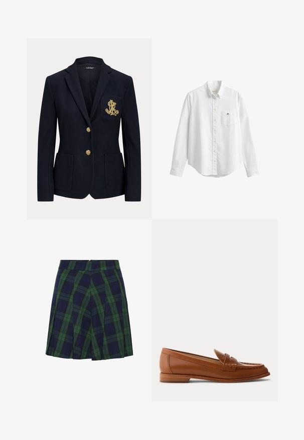 Blazer bleu marine avec boutons dorés, deux poches avant et un logo brodé en or sur la poche poitrine gauche.; Chemise blanche à manches longues boutonnée avec col et poche poitrine avec un petit logo brodé sur fond uni.; Jupe plissée bleu marine et verte avec un motif tartan et une fermeture éclair au dos.; Mocassin en cuir marron avec petit talon en bois, bride classique pour pièce et détails cousus le long de la pointe et des côtés.