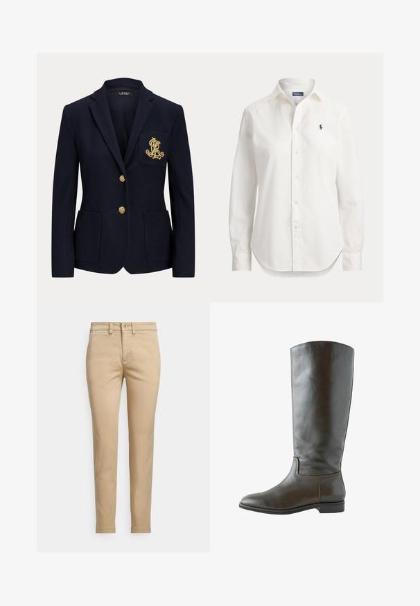 Navyblauwe blazer met gouden knopen, twee steekzakken aan de voorkant en een goud geborduurd logo op de linkerborstzak.; Witte blouse met lange mouwen, knopen, kraag en klein blauw logo van een polospeler op de linkerborst.; Beige katoenen chino's met een rechte pasvorm, voorzien van een knoopsluiting, voorzakken en gestikte details langs de naden.; Bruine leren kniehoge laars met een gladde textuur, ronde neus en minimale stikdetails. De zool is plat met een lage hak.