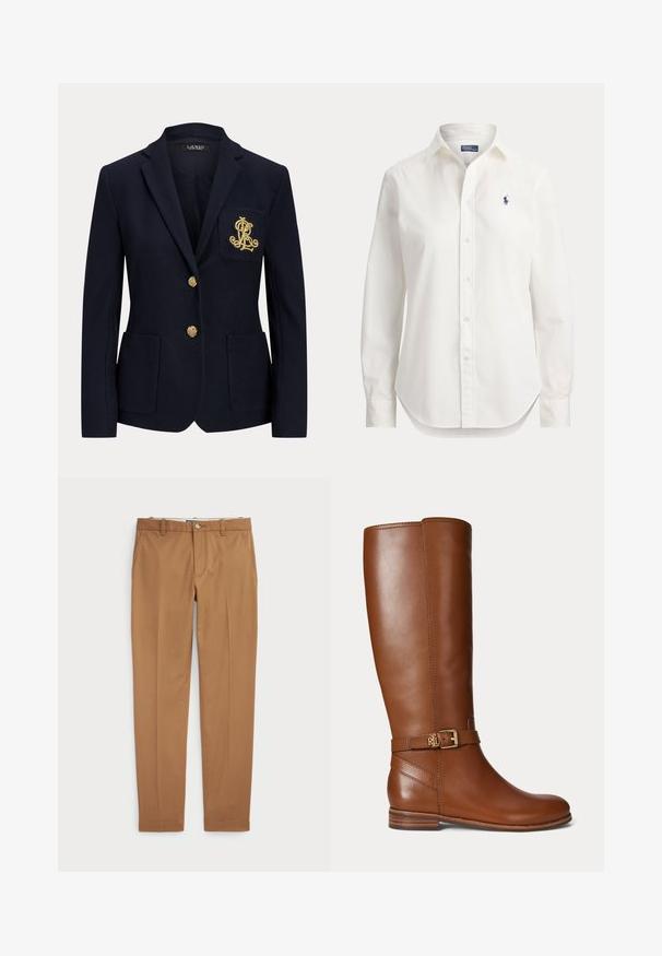 Navyblauwe blazer met gouden knopen, twee steekzakken aan de voorkant en een goud geborduurd logo op de linkerborstzak.; Witte blouse met lange mouwen, knopen, kraag en klein blauw logo van een polospeler op de linkerborst.; Bruine katoenen broeken met een slim-fit ontwerp, vlakke voorkant en standaardzakken; gladde textuur en afgewerkte manchetten.; Bruine leren kniehoge laars met een kleine gouden gesp en het "RL" logo op de band bij de enkel, platte hak en een gladde afwerking.