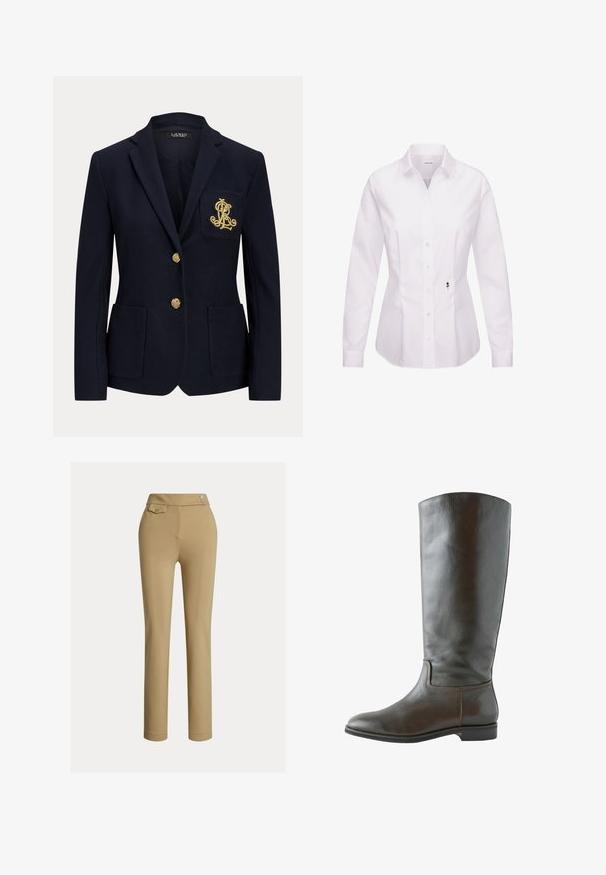 Blazer bleu marine avec boutons dorés, deux poches avant et un logo brodé en or sur la poche poitrine gauche.; Chemise blanche à manches longues avec col classique, patte de boutonnage frontale, pinces latérales et un détail de rose noire brodée près de l'ourlet.; Pantalons beiges ajustés avec une texture lisse, taille haute, deux boutons décoratifs et une poche arrière. Design à jambe droite.; Botte en cuir marron montant, avec une texture lisse, un bout arrondi et peu de détails de couture. Semelle plate avec un petit talon.