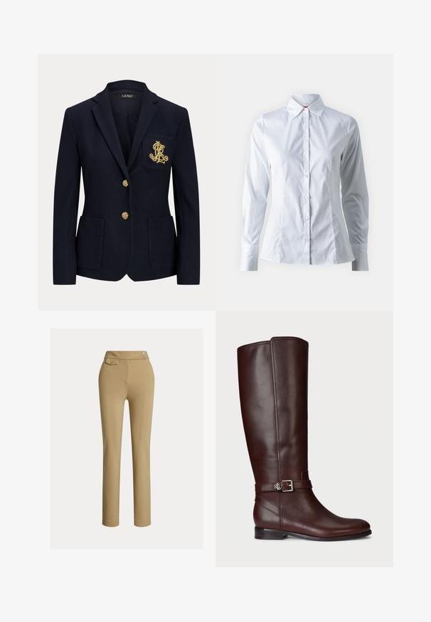 Marineblazer mit goldenen Knöpfen, zwei Fronttaschen und einem goldbestickten Logo auf der linken Brusttasche.; Weißes Hemd mit langen Ärmeln, Punktkragen, taillierter Passform, glattem Baumwollstoff und Knopfverschluss vorne.; Beige Slim-Fit-Hosen für Frauen mit hoher Taille, zwei Knöpfen an der Seite und einer kleinen Knopftasche nahe des Bundes.; Schwarze Lederstiefel bis zum Knie mit glatter Oberfläche, silberfarbener Schnallenakzent und niedrigem, gestapeltem Absatz. Besitzt dezente Steppnähte.
