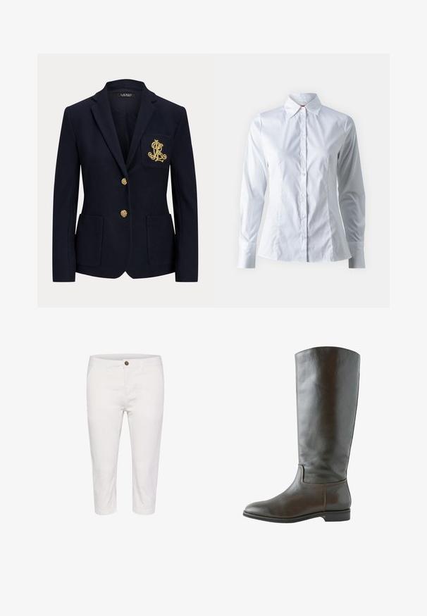 Marineblazer mit goldenen Knöpfen, zwei Fronttaschen und einem goldbestickten Logo auf der linken Brusttasche.; Weißes Hemd mit langen Ärmeln, Punktkragen, taillierter Passform, glattem Baumwollstoff und Knopfverschluss vorne.; Weiße, aus Baumwolle gefertigte, cropped Hosen mit Knopfverschluss, die über Fronttaschen und eine glatte Oberfläche verfügen. Einfaches Design und gerader Schnitt.; Braunes Lederstiefel bis zum Knie mit glatter Textur, abgerundeter Spitze und minimalen Nähten. Die Sohle ist flach mit einem niedrigen Absatz.
