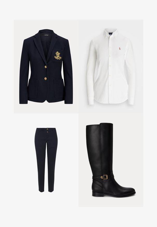 Marineblazer mit goldenen Knöpfen, zwei Fronttaschen und einem goldbestickten Logo auf der linken Brusttasche.; Weißes Langarm-Hemd mit Knöpfen und spitzem Kragen aus Baumwolle. Verfügt über ein kleines gesticktes Logo auf der linken Brust.; Hose aus Baumwolle in Marineblau mit geradem Bein, ausgestattet mit zwei goldfarbenen Knöpfen und klassischen Gürtelschlaufen. Glatte Textur, ohne Muster.; Schwarzer kniehoher Lederstiefel mit niedrigem Absatz, goldener Schnalle und kleinem eingeprägtem Logo am Seitengurt.