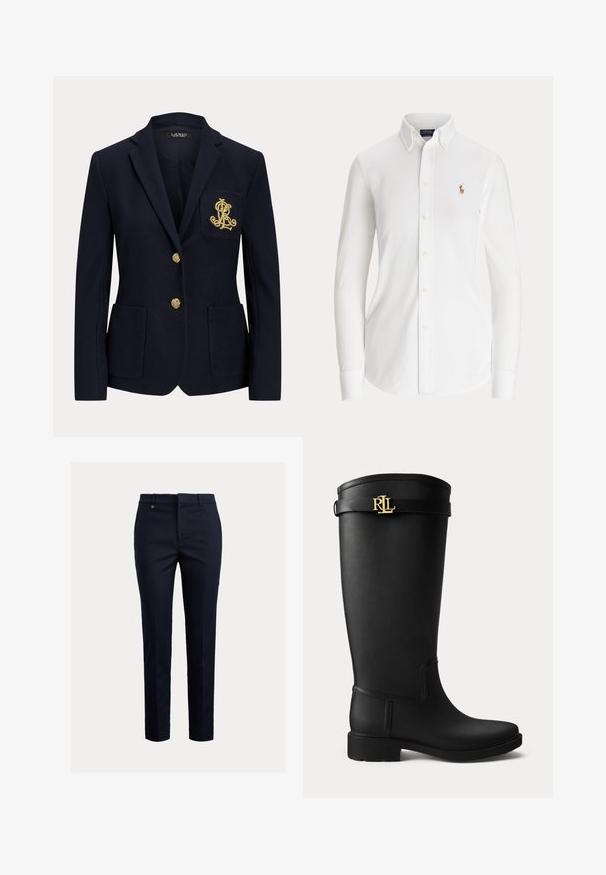 Marineblå blazer med gyldne knapper, to forlommer og et guldbroderet logo på venstre brystlomme.; Hvid skjorte med lange ærmer og knapper, med knaplukket krave og lille broderet polo-spillerlogo på brystet.; Marineblå chinos lavet af bomuldsblanding med et tilspidset fit, flad front, sidelommer og en enkelt baglomme; har et lille guldlogo.; Sort knæhøj gummistøvle med lav hæl og en guldfarvet RLL-logo spænde nær toppen på en ensartet lys baggrund.