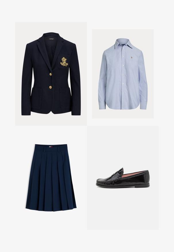 Blazer bleu marine avec boutons dorés, deux poches avant et un logo brodé en or sur la poche poitrine gauche.; Chemise bleu clair à manches longues avec boutons, col pointu et petit logo brodé sur la poitrine gauche.; Jupe plissée bleu marine avec passants pour ceinture et une petite étiquette logo rouge, blanche et bleue sur la taille, présentée sur fond blanc.; Mocassins en cuir verni noir avec un bout arrondi, des coutures décoratives sur le dessus et une semelle en caoutchouc basse et plate.