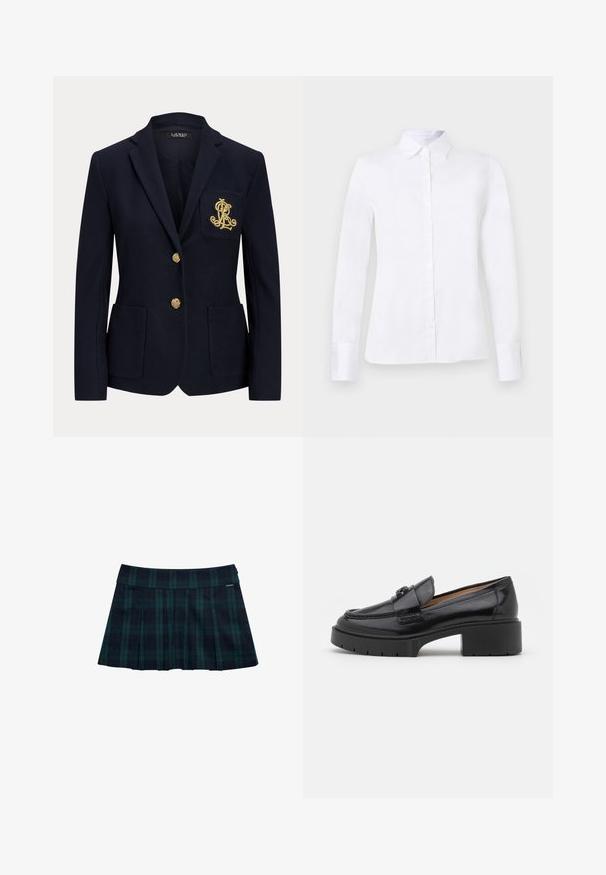 Blazer azul marino con botones dorados, dos bolsillos delanteros y un logo bordado en oro en el bolsillo izquierdo del pecho.; Camisa blanca de manga larga con botones, cuello puntiagudo y silueta ajustada, mostrada sobre un fondo liso de color gris claro.; Falda plisada de cuadros en verde oscuro y azul marino con una cintura lisa y un detalle con logo. Presenta un diseño clásico de pliegues en capas.; Mocasín de cuero negro con tacón bajo, punta redondeada, correa decorativa y detalle de costura texturizada en la parte superior. Acabado suave.