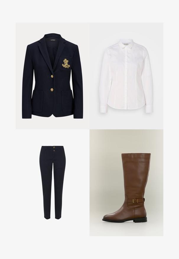 Marineblå blazer med gyldne knapper, to forlommer og et guldbroderet logo på venstre brystlomme.; Hvid skjorte med knaplukning lavet af glat bomuld, med klassisk krave, lange ærmer og et diskret logo på brystet. Har frontknaplukning.; Mørkeblå bomuldsbukser med lige ben-design, udstyret med to guldfarvede knapper og standart bæltesløjfer. Glat tekstur, ingen mønstre.; Høj brun læderstøvle med en strop med spænde på siden og lav sort sål, fotograferet mod en neutral baggrund.