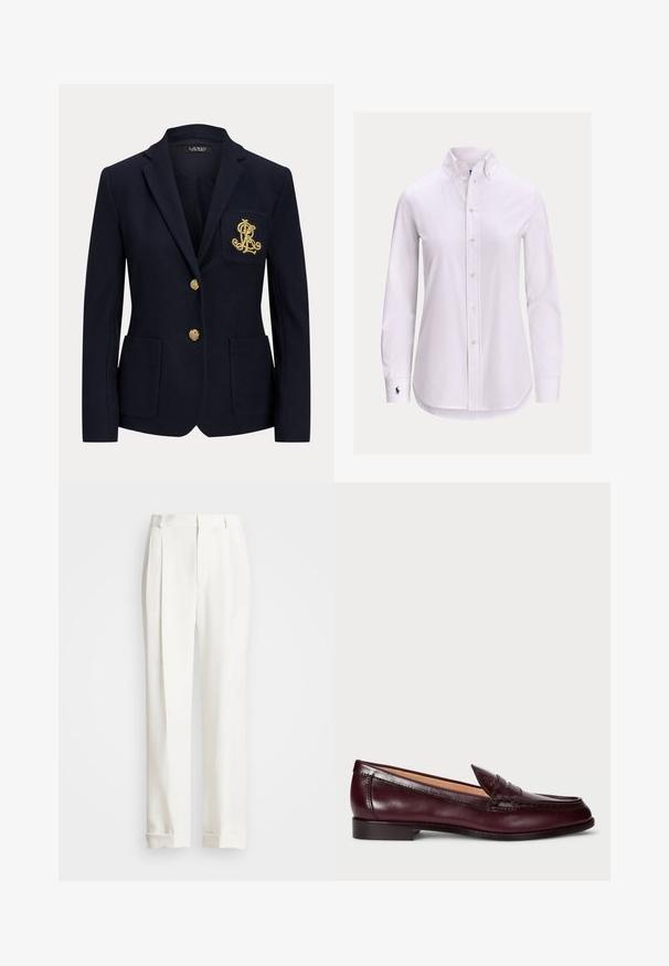Blazer bleu marine avec boutons dorés, deux poches avant et un logo brodé en or sur la poche poitrine gauche.; Chemise blanche à manches longues avec col boutonné et petit logo brodé sur le poignet gauche.; Pantalons blancs ajustés avec deux plis avant, coupe droite et ourlets repliés. Fabriqués en tissu lisse, présentant un design classique.; Mocassins en cuir bordeaux avec une finition lisse, un bout arrondi, des coutures décoratives et un talon bas. L'intérieur est doté d'une douce doublure beige.