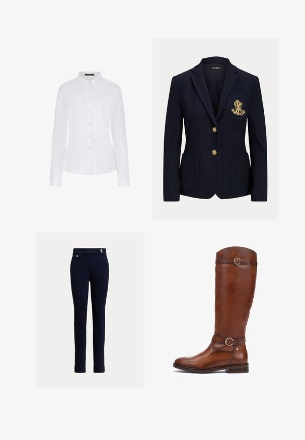 Navyblauwe blazer met gouden knopen, twee steekzakken aan de voorkant en een goud geborduurd logo op de linkerborstzak.; Witte lange mouwen shirt met een kraag, knoopsluiting aan de voorkant en manchetten. Gemaakt van soepel materiaal met een getailleerd ontwerp en zonder zichtbare patronen.; Marineblauwe slim-fit broek met hoge taille, voorzak met flap en knop, en twee decoratieve knopen op de tailleband.; Bruine leren laarzen tot de knie met een gladde afwerking, een ronde neus, een decoratieve band met een ronde gesp en een lage stapelhak.