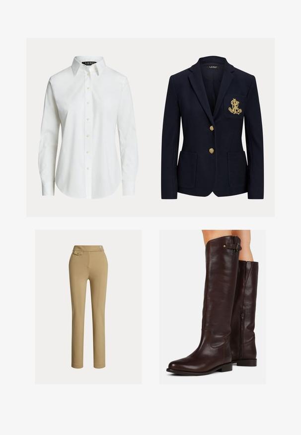 Marineblazer mit goldenen Knöpfen, zwei Fronttaschen und einem goldbestickten Logo auf der linken Brusttasche.; Weißes langärmeliges Hemd mit klassischem Kragen und sichtbaren Knöpfen vorne, auf einfachem Hintergrund präsentiert.; Beige Maßhose mit glatter Textur, hoher Taille, zwei dekorativen Knöpfen und einer einzelnen Gesäßtasche. Gerade Beinform.; Braune Leder-Knöchelschuhe mit einer abgerundeten Zehe, seitlichem Reißverschluss und einem kleinen Schnallen-Detail am oberen Ende, mit einer glatten Textur.