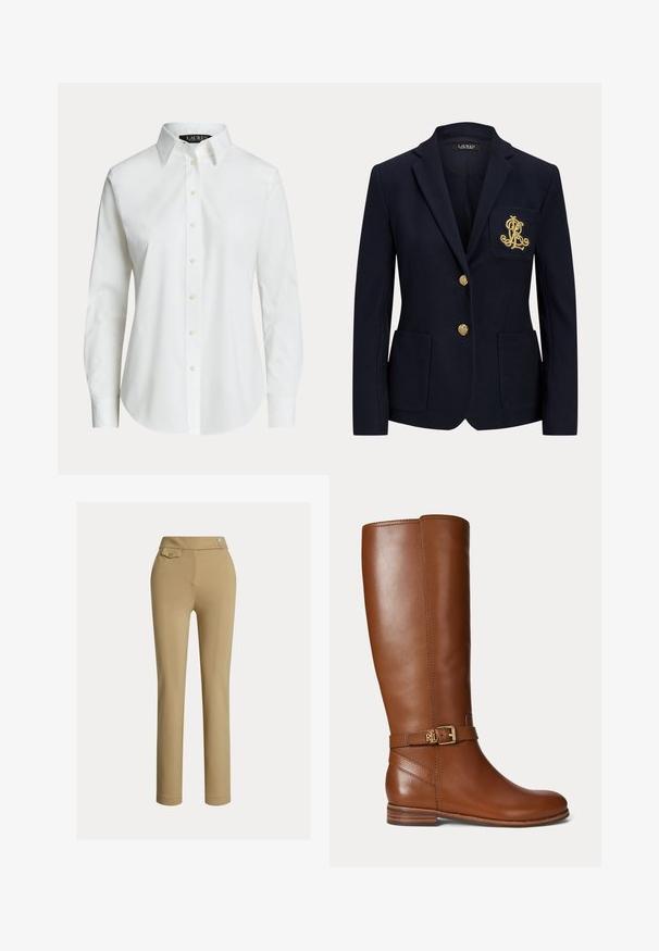 Navyblauwe blazer met gouden knopen, twee steekzakken aan de voorkant en een goud geborduurd logo op de linkerborstzak.; Wit overhemd met lange mouwen en knopen, met een klassieke kraag en zichtbare knopen aan de voorkant, getoond op een effen achtergrond.; Beige op maat gemaakte broek met een zachte textuur, hoge taille, twee decoratieve knopen en een enkele achterzak. Recht gesneden ontwerp.; Bruine leren kniehoge laars met een kleine gouden gesp en het "RL" logo op de band bij de enkel, platte hak en een gladde afwerking.